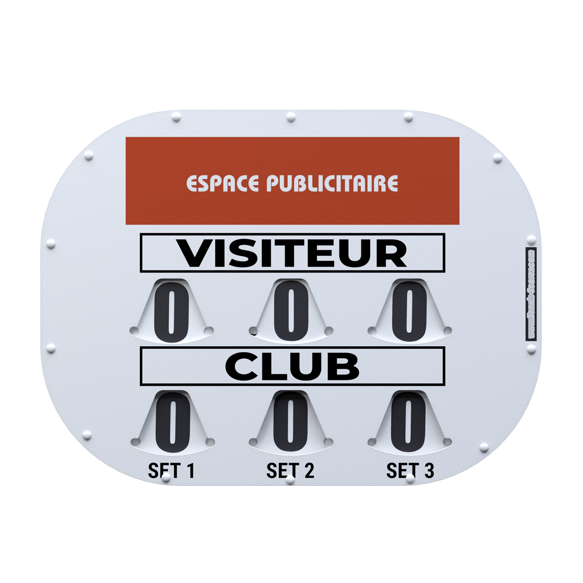 Affichage de tableau des scores publicitaire avec trois ensembles et zéro affiché, label “VISTEUR” et zones “SET 1, SET 2, SET 3” sur fond gris.