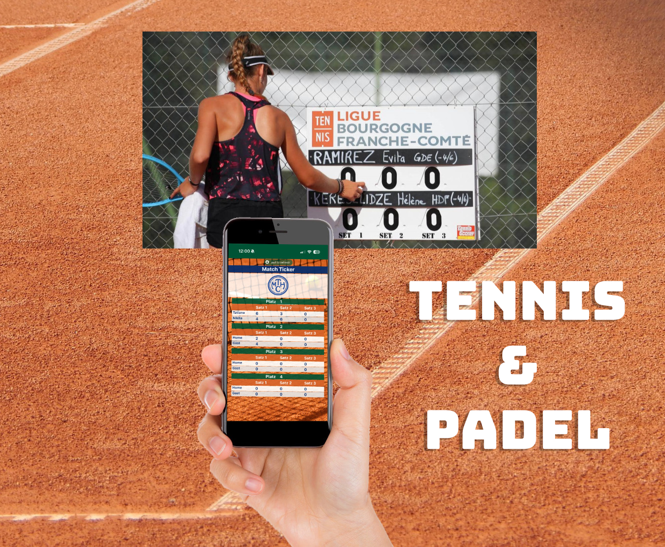 Tableau de score affiché sur écran de smartphone tenu devant un terrain de tennis/padel, avec joueuse et panneau de score en arrière-plan, texte « TENNIS & PADEL ». Tableau de score affiché sur écran de smartphone tenu devant un terrain de tennis/padel, avec joueuse et panneau de score en arrière-plan, texte « TENNIS & PADEL ».