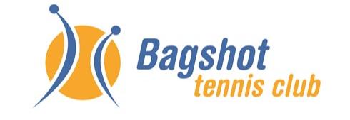 Bagshot tennis club logo, featuring a blue and orange abstract figure and bold “Bagshot tennis club” branding. Includes tennis club identity styling.