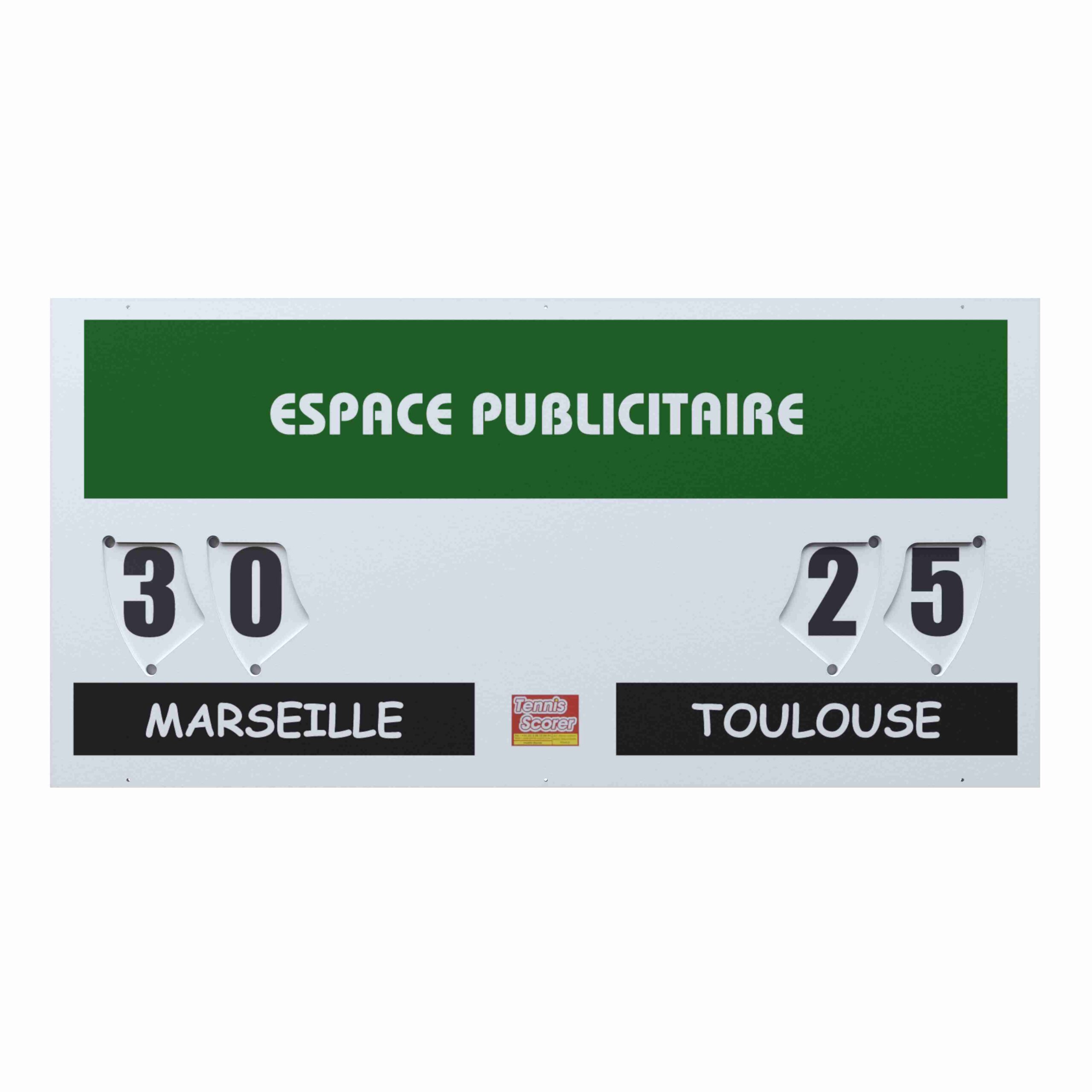 Scoreboard showing a match with Marseille 3-0 and Toulouse 2-5; green header area and black team labels. Includes visible digits. Integrates manual scoreboard naturally.