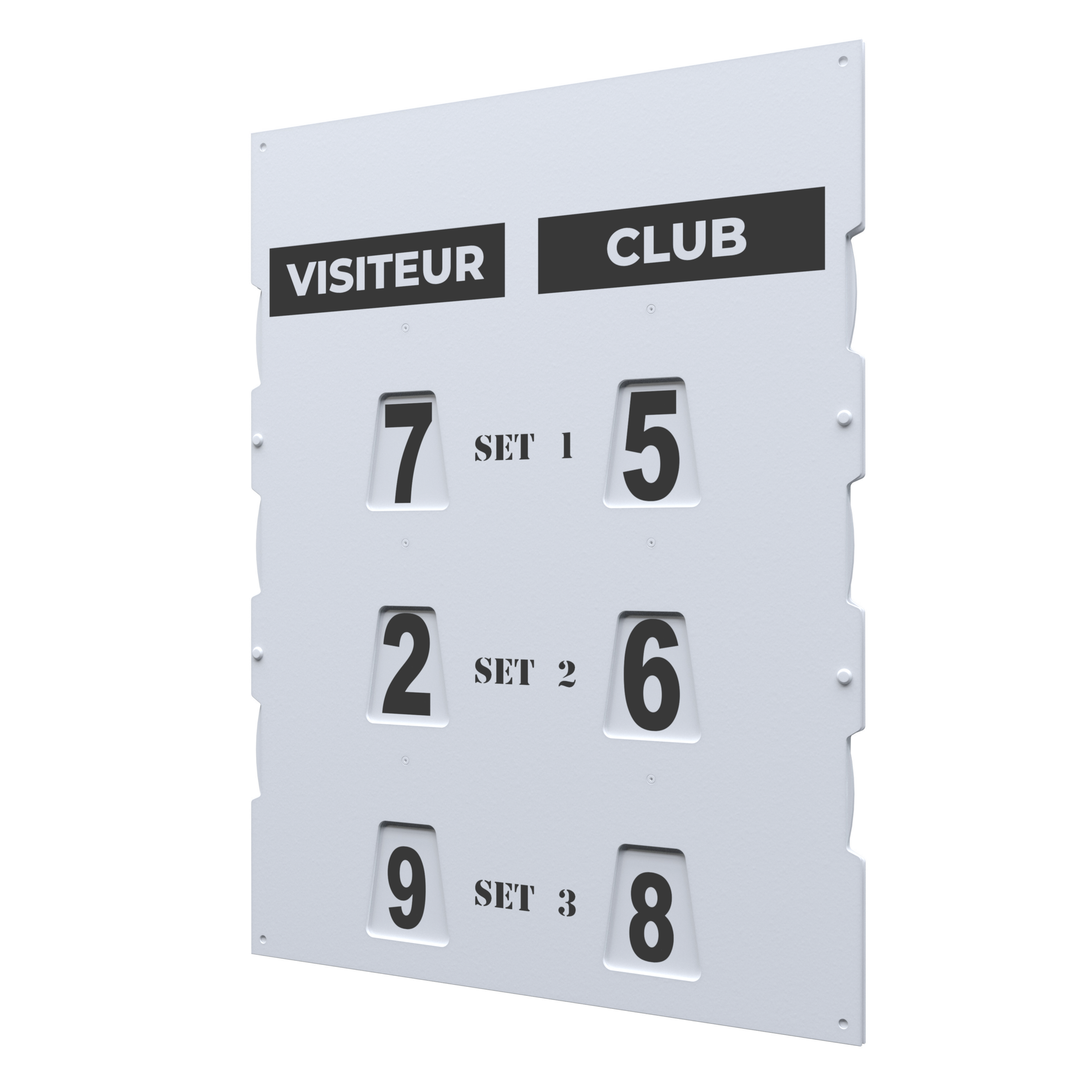 Scoreboard with two panels reading VISITEUR and CLUB and numeric score indicators for multiple sets.