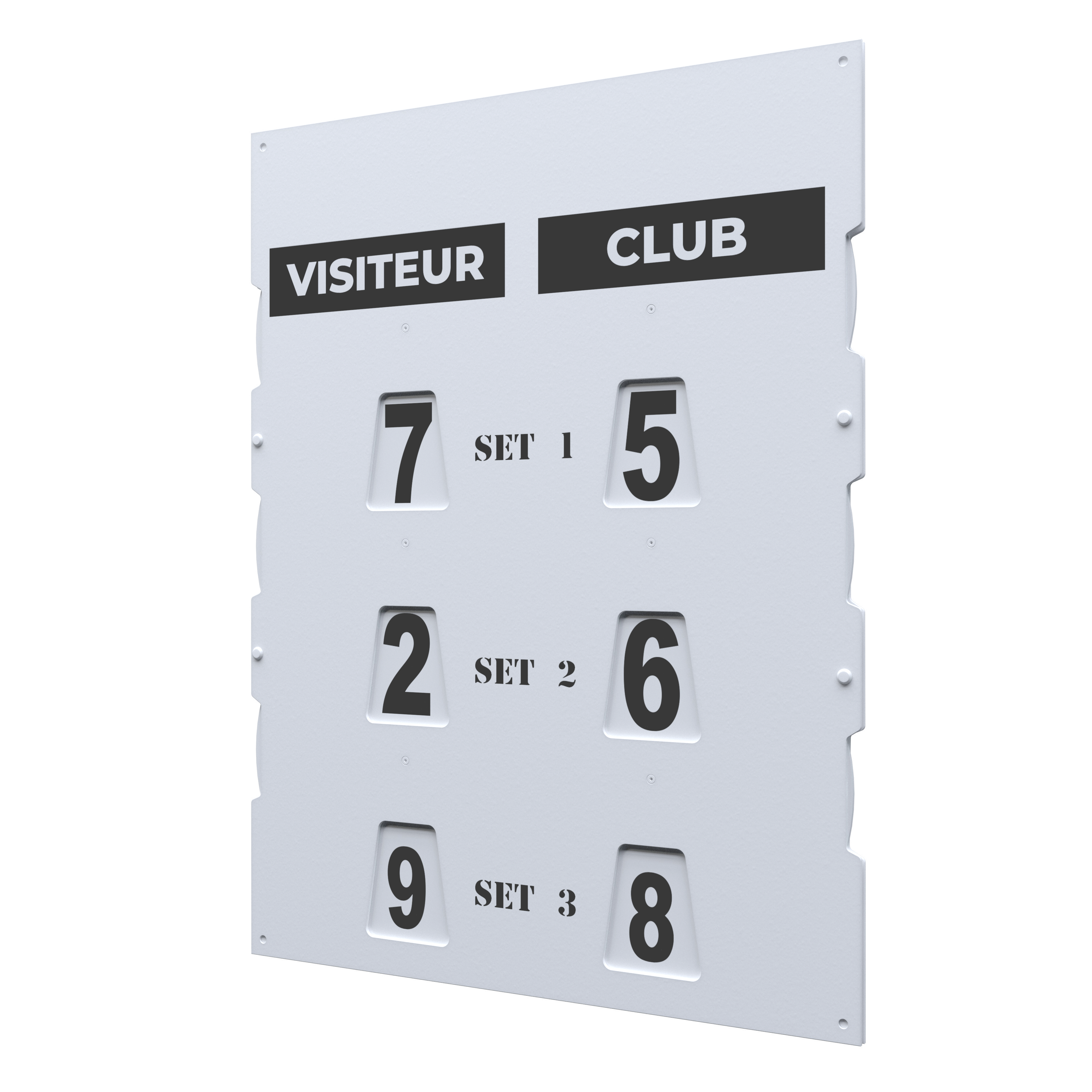 Scoreboard with two panels reading VISITEUR and CLUB and numeric score indicators for multiple sets.