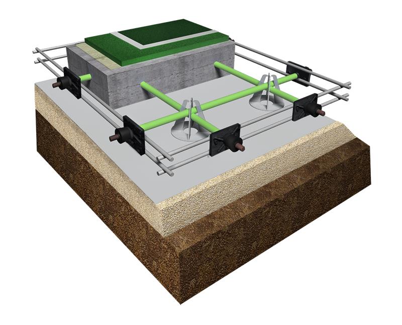 Cross-section illustration of concrete tennis court construction details, showing base layers, reinforcement grid, drainage, and a built-up surface area.