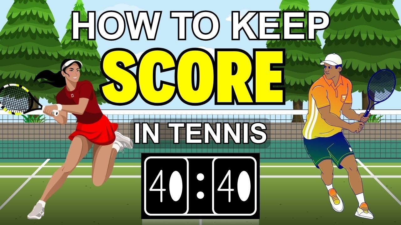 How to keep score in tennis: two players on court volleying near net with scoreboard showing 40-40, animated style for a beginner’s guide to the easiest way to keep tennis score