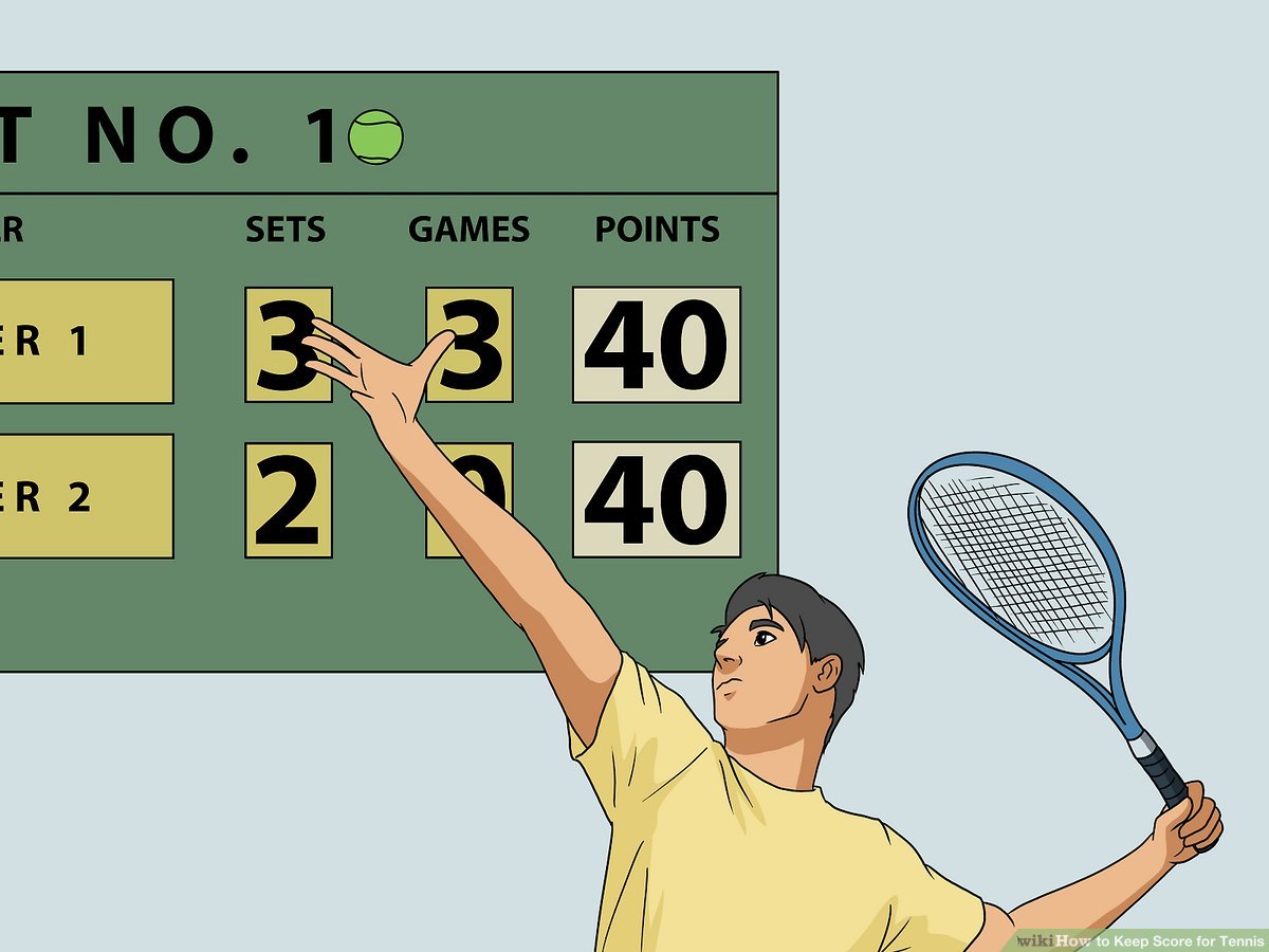 Tennis scorekeeper at the scoreboard showing 3 sets, 3 games, and 40 points, with a player pointing to the score. Integrated keyword: easiest way to keep tennis score.