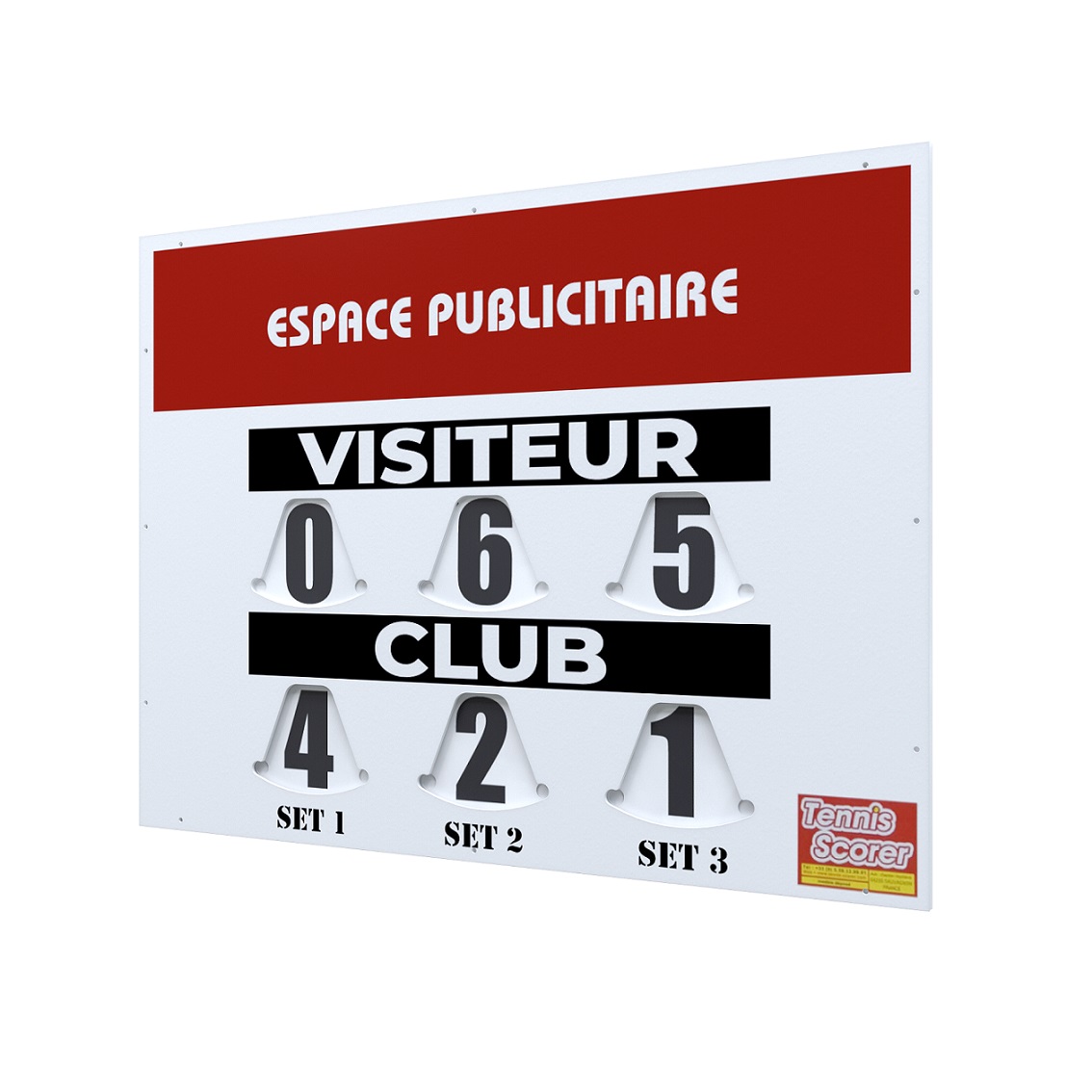 Panneau affichant le score d’un match de tennis avec les sets affichés et le total des points.