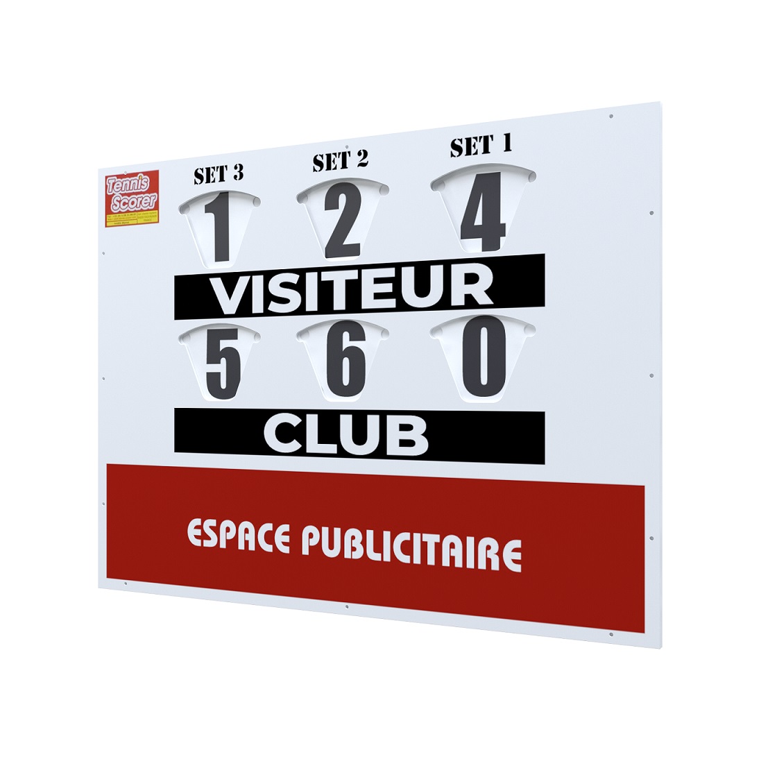 Panneau d’affichage de score de tennis avec les chiffres et les mots Visiteur et Club surmontés d’un bandeau noir et une