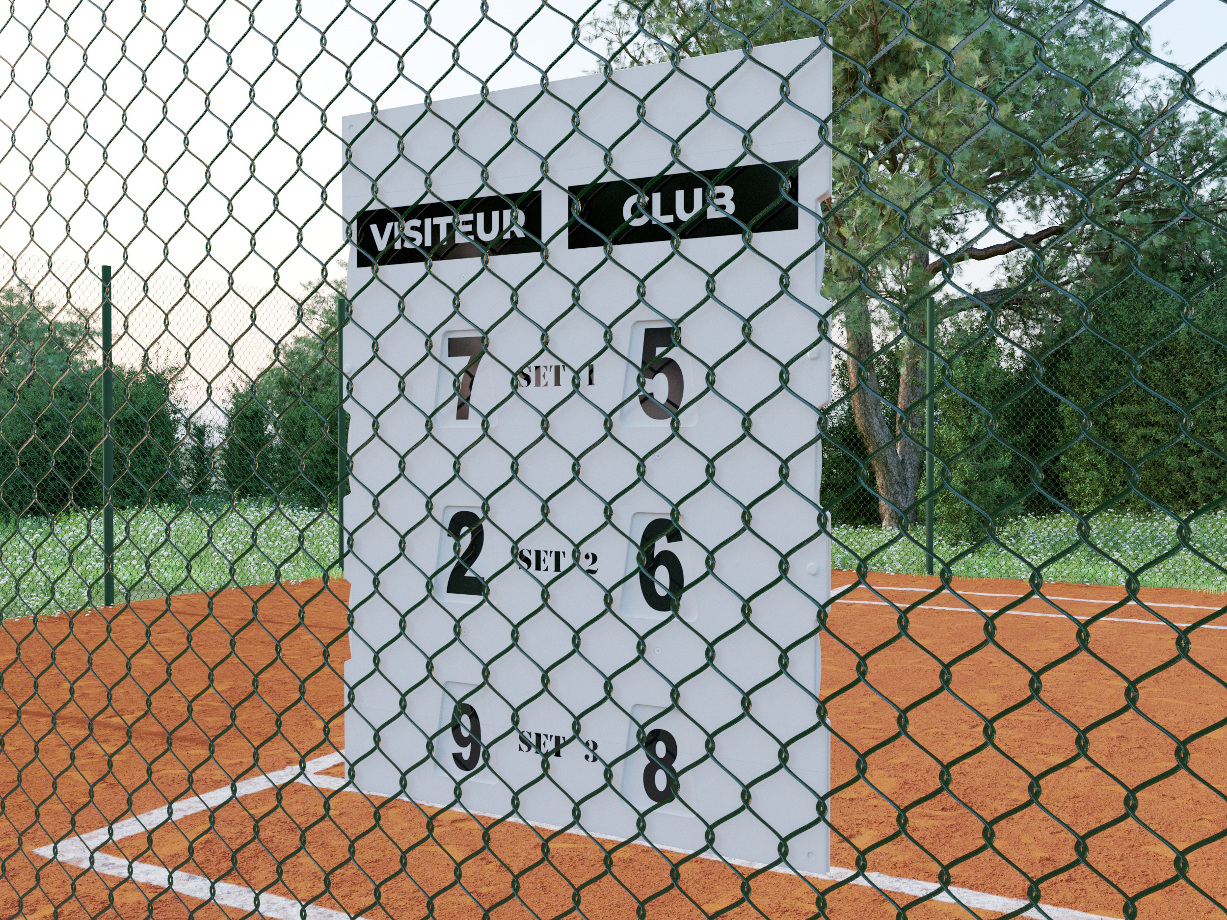 A scoreboard placed on a tennis or clay court, viewed through a chain‑link fence.