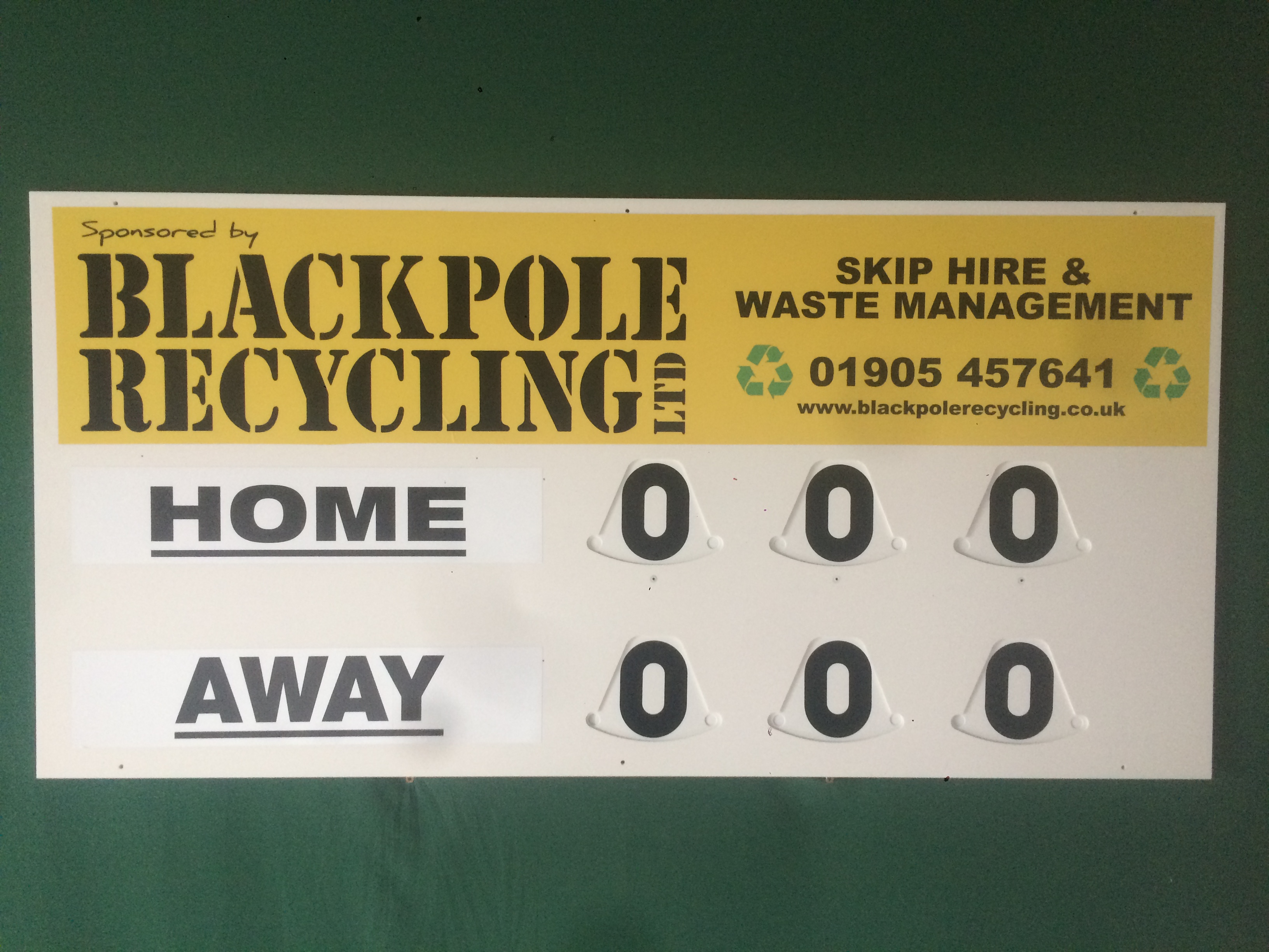 Scoreboard showing empty home and away goal counters with a yellow header for Blackpole Recycling Ltd.