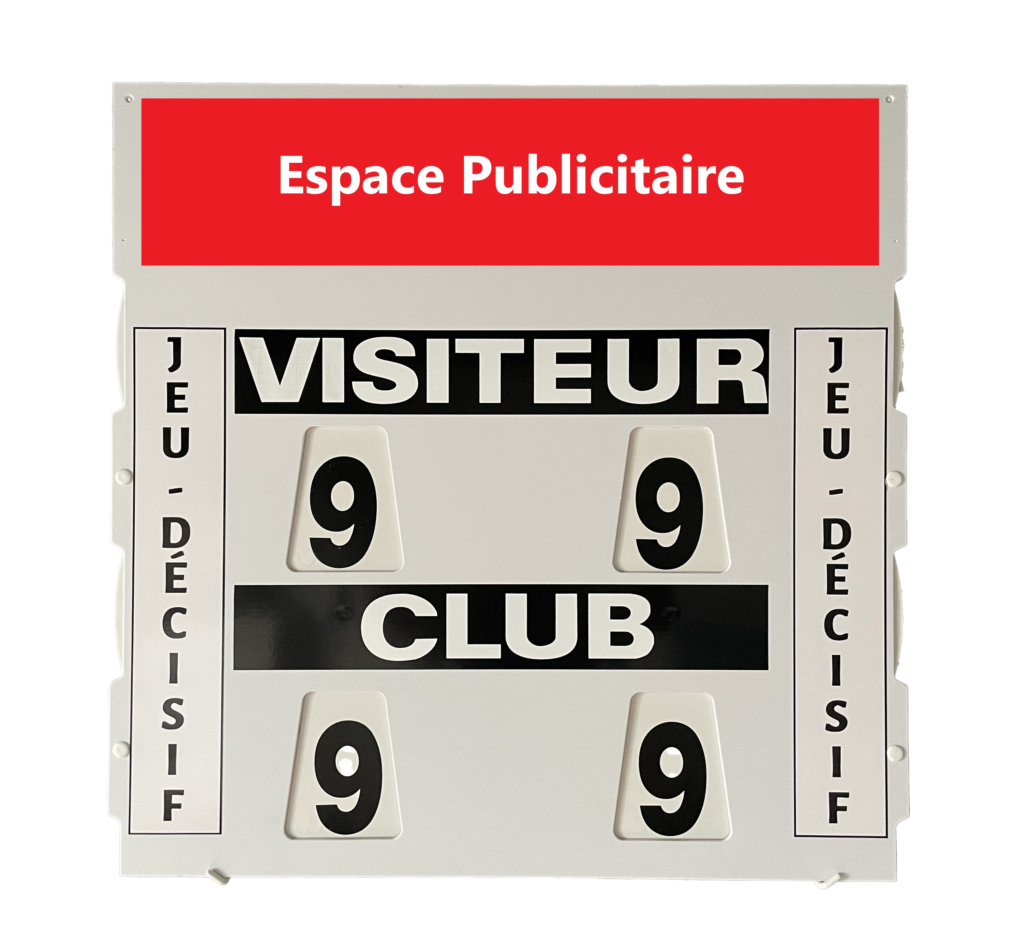 Scoreboard showing the scores 9-9 with the words VISITEUR and CLUB.