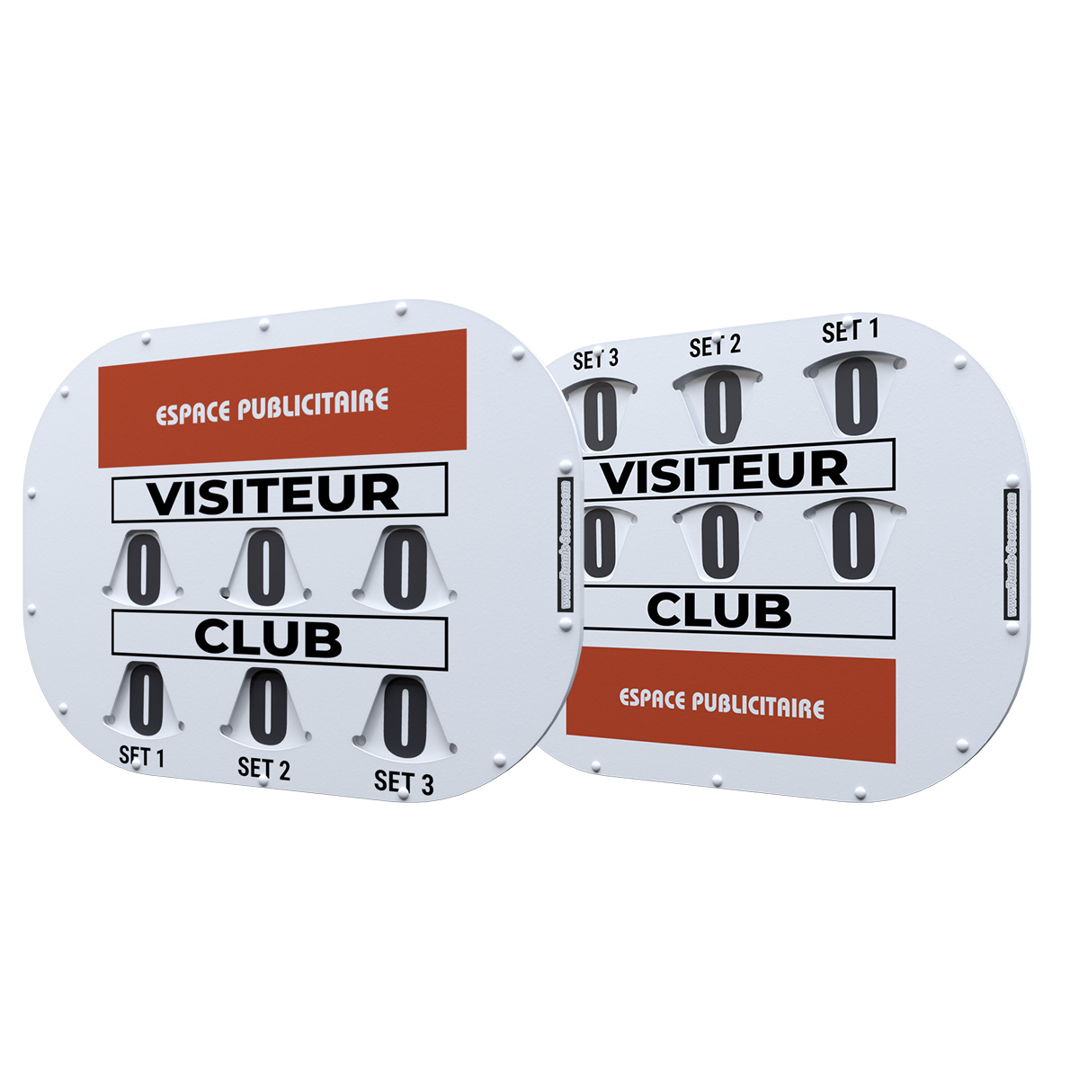 Tableau d’affichage recto verso affichant des scores de tennis avec les sections VISITEUR et CLUB et des chiffres 0 sur les