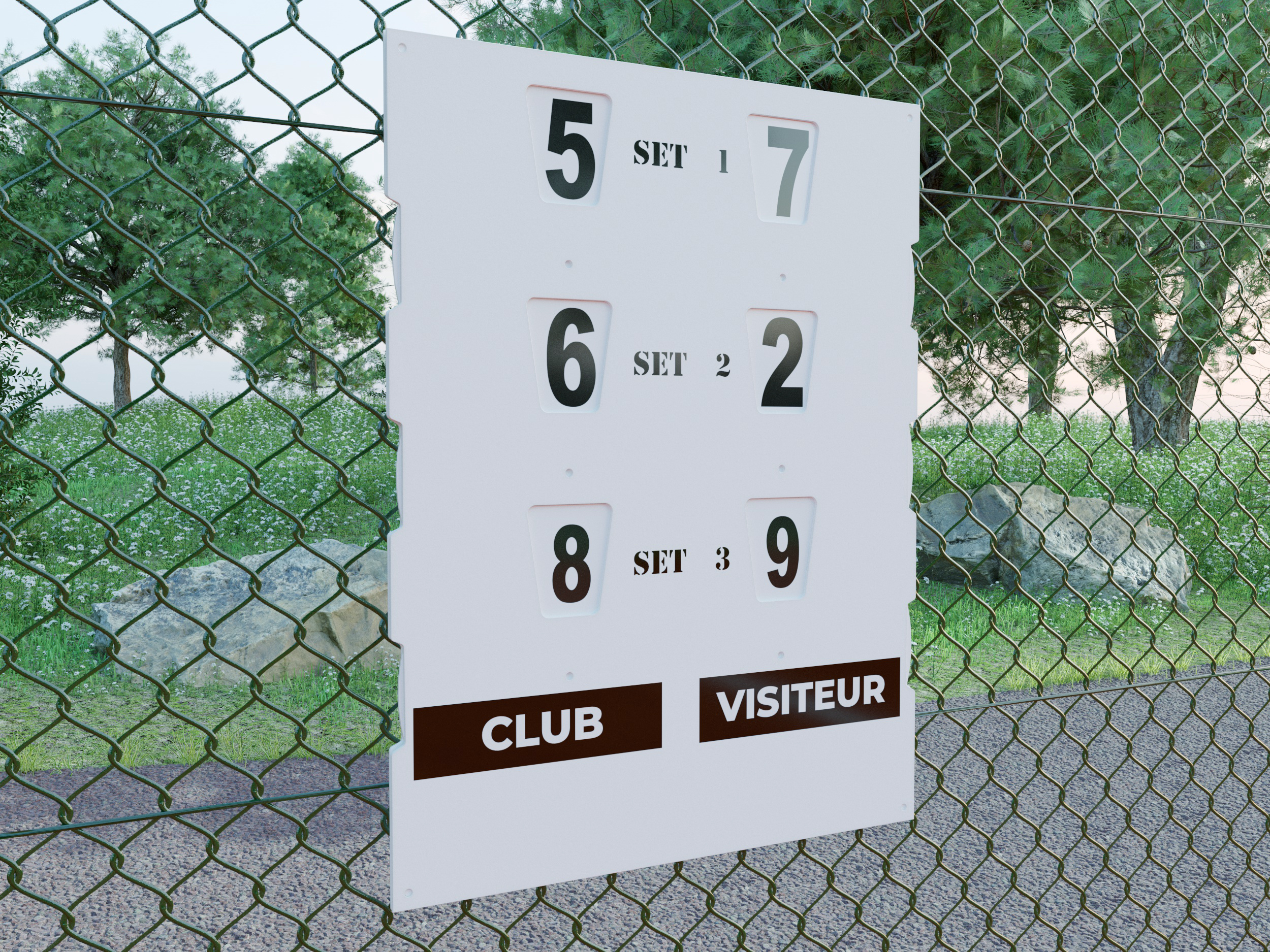 Tableau de score sur un terrain de padel montrant les sets et les jeux gagnés par le club et le visiteur.