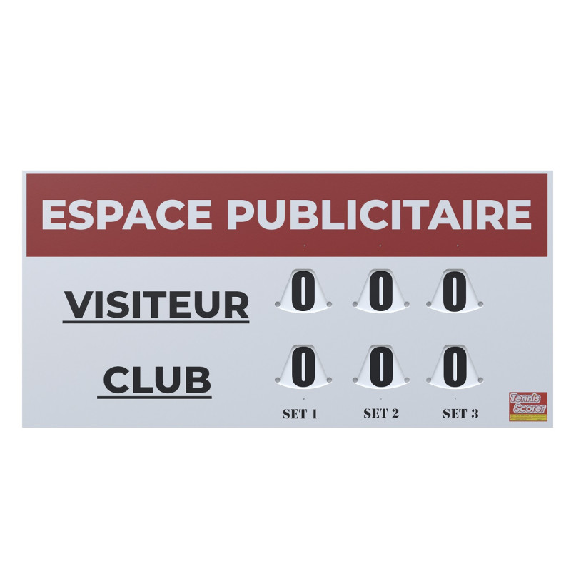A tennis scoreboard showing zeroed scores for VISITEUR and CLUB with three sets labeled Set 1, Set 2 and Set 3.