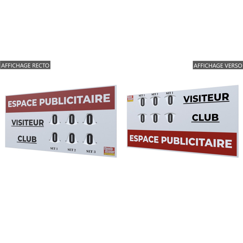 Two tennis scorer boards showing sections labeled Espace Publicitaire with spaces for Visiteur and Club scores, and set