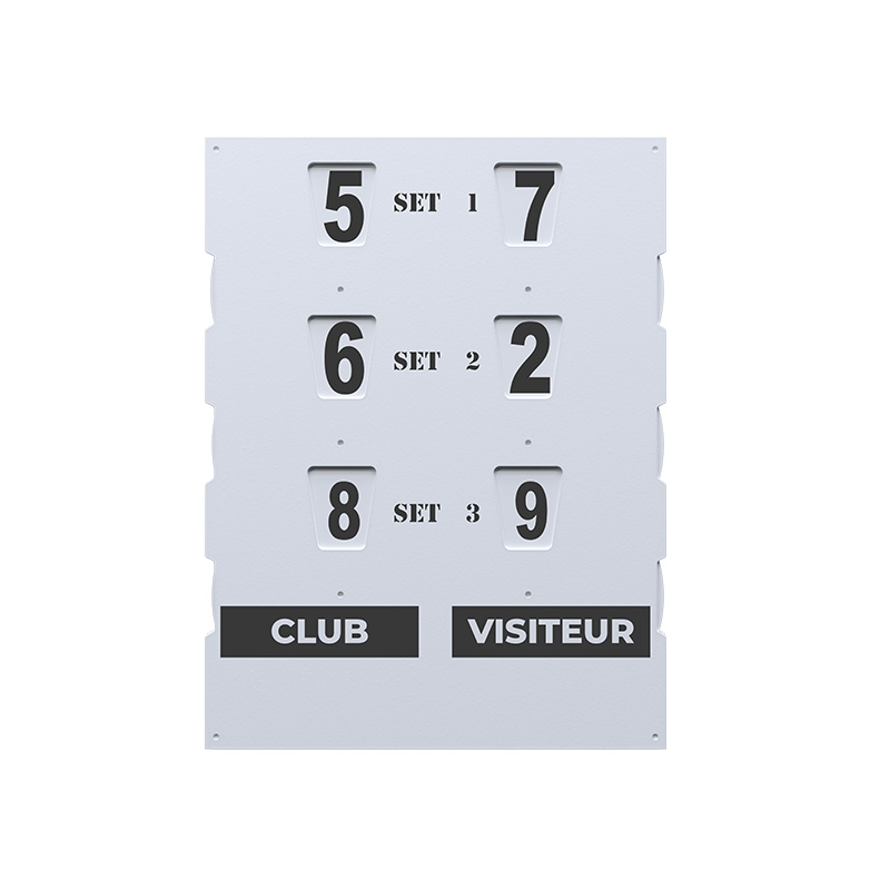 A white scoreboard panel displaying two columns of numeric sets with “SET” labels and bold “CLUB” and “VISITEUR” signs at